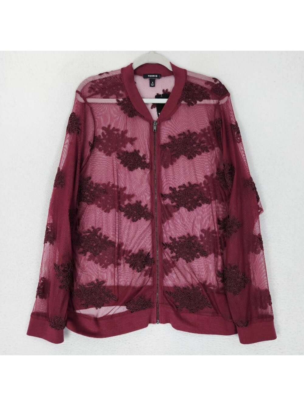 Torrid Jacket Womens 3X Red Embroidered Mesh Bomber Sheer Floral Lightweight NEW